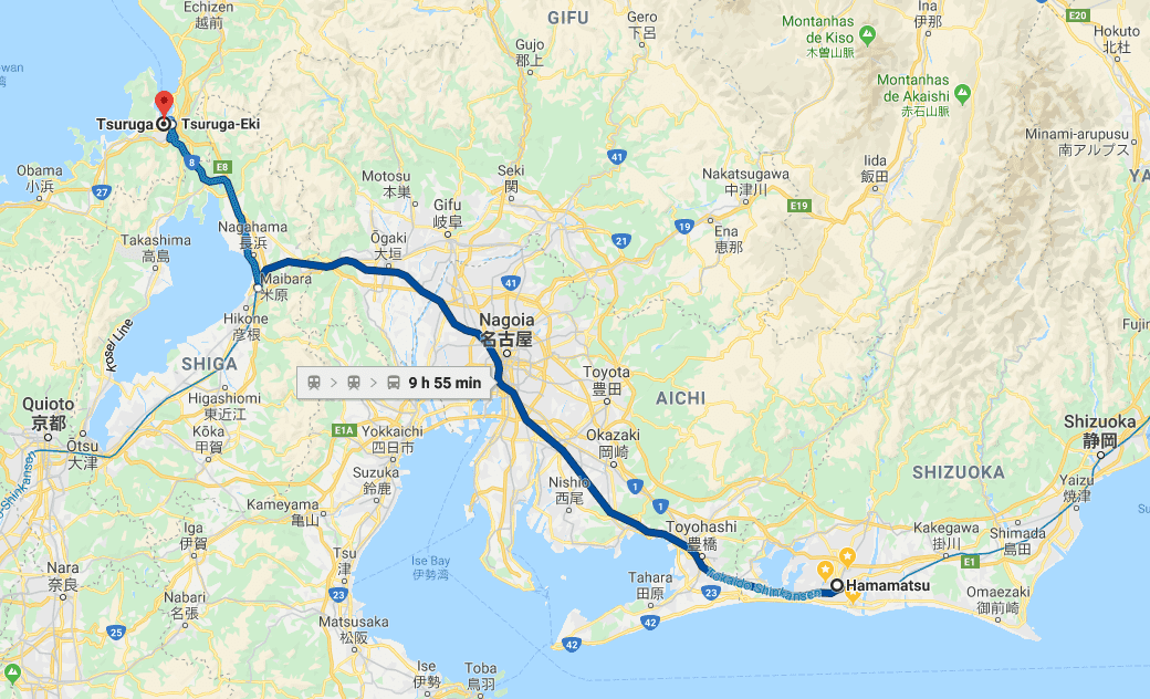 Caminho entre Hamamatsu e Tsuruga